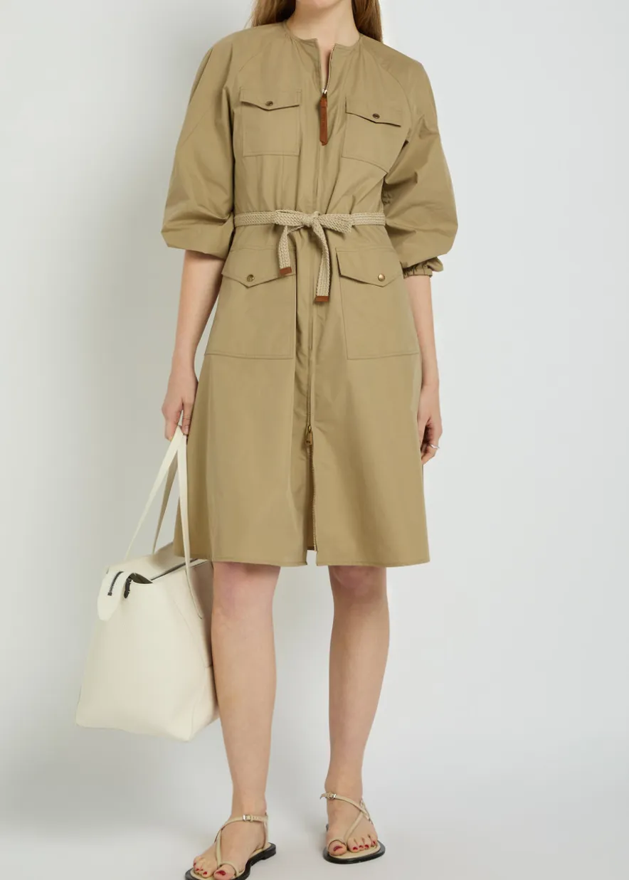 Logo-appliquéd belted cotton-blend midi dress