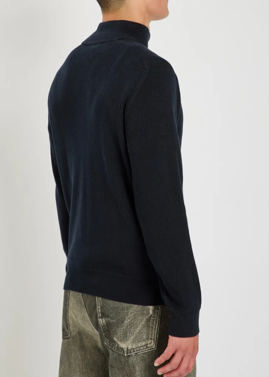 Logo-appliquéd half-zip ribbed cotton-knit jumper
