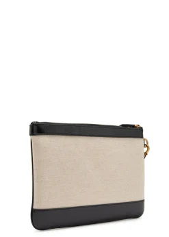 Logo-appliquéd leather and canvas pouch