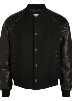 Logo-appliquéd leather and wool bomber jacket