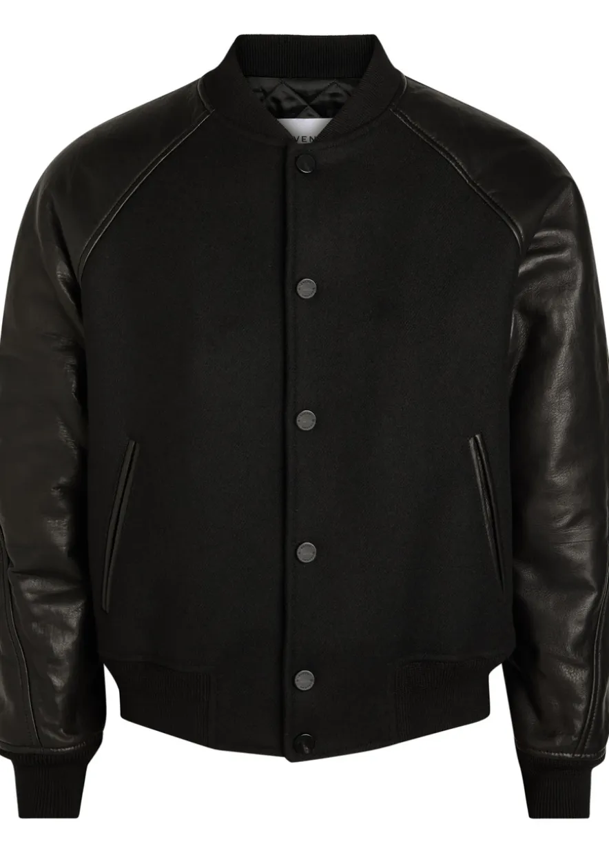 Logo-appliquéd leather and wool bomber jacket