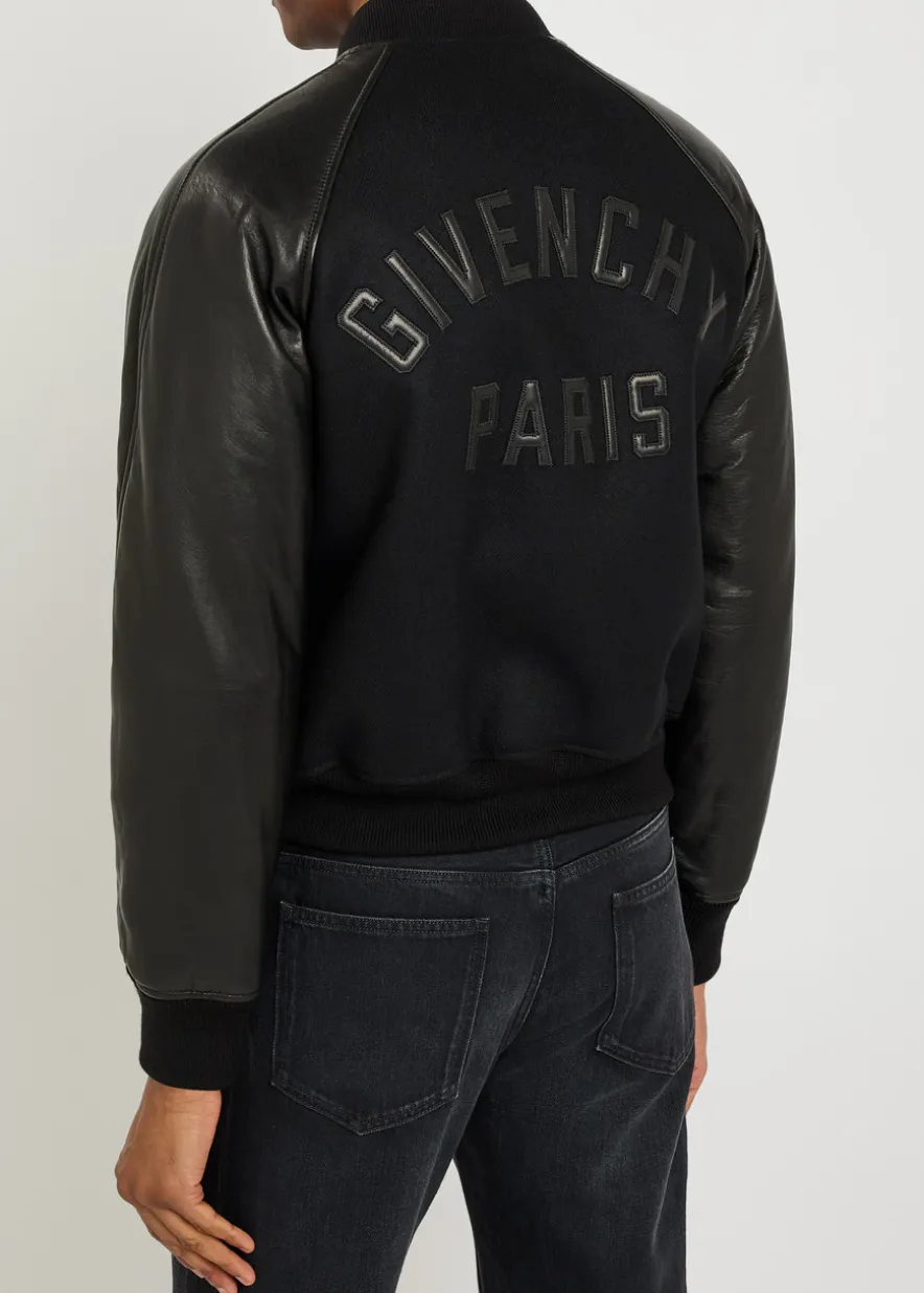 Logo-appliquéd leather and wool bomber jacket
