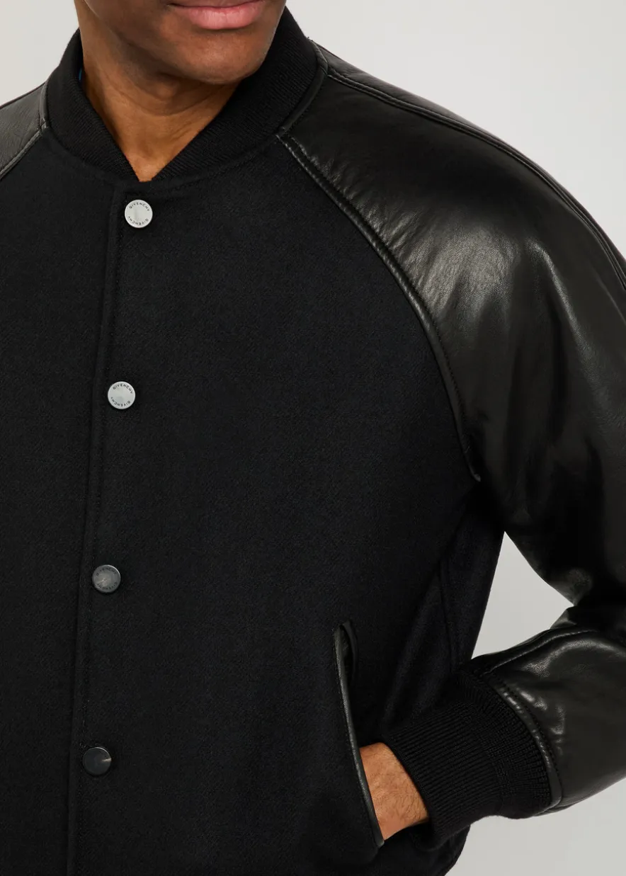 Logo-appliquéd leather and wool bomber jacket