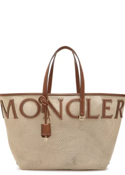 Logo-appliquéd leather and woven tote
