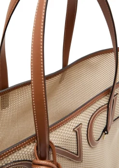 Logo-appliquéd leather and woven tote