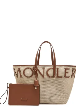 Logo-appliquéd leather and woven tote
