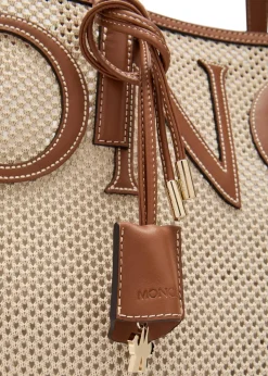 Logo-appliquéd leather and woven tote
