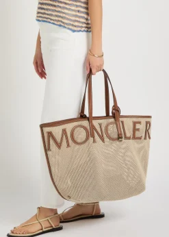 Logo-appliquéd leather and woven tote