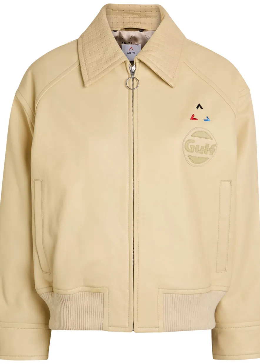 Logo-appliquéd leather bomber jacket