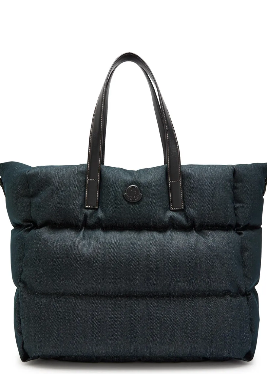 Logo-appliquéd padded leather and denim tote