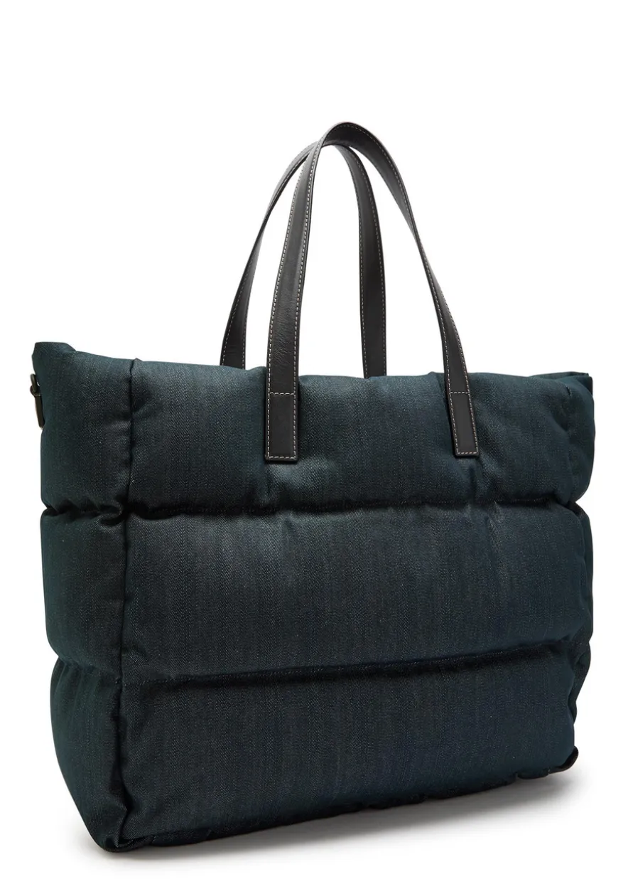 Logo-appliquéd padded leather and denim tote