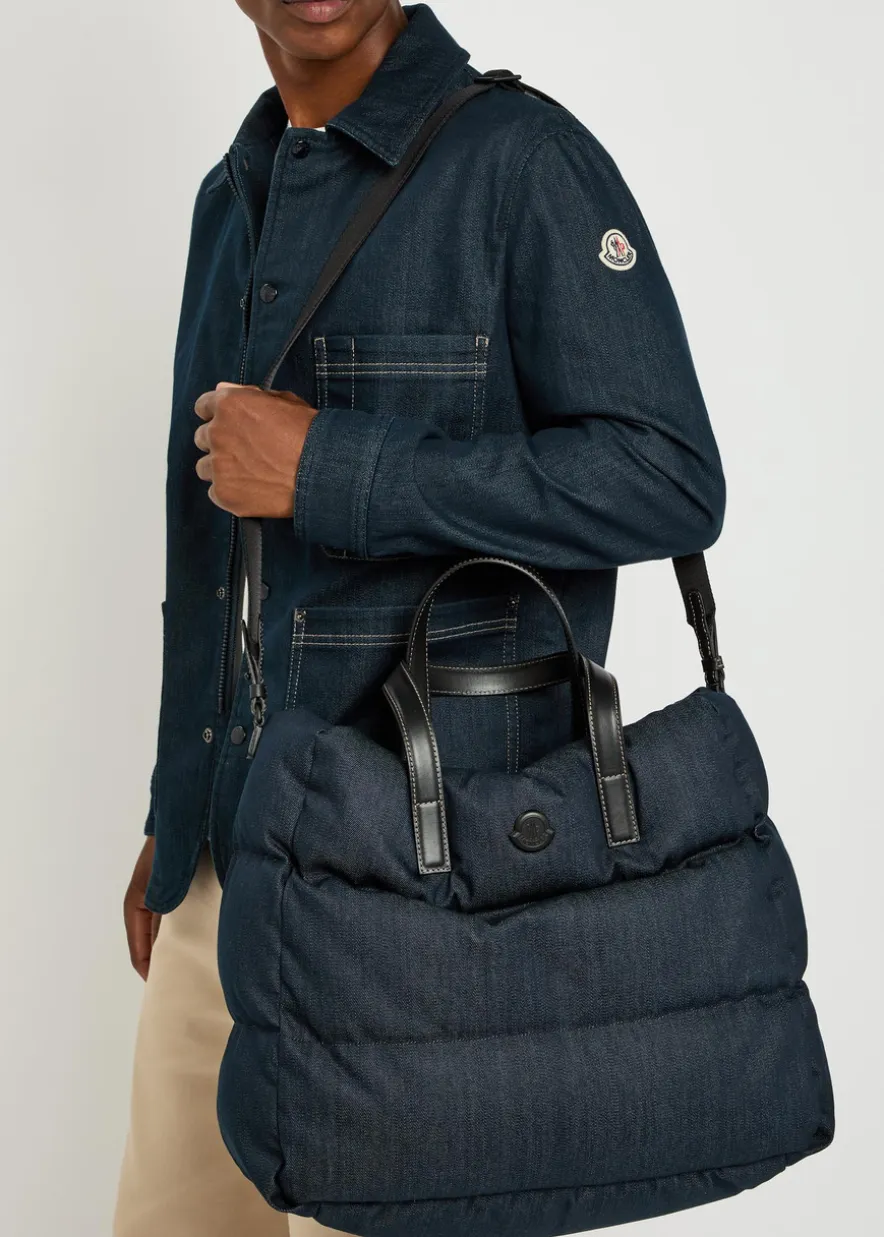 Logo-appliquéd padded leather and denim tote