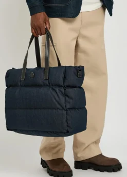 Logo-appliquéd padded leather and denim tote