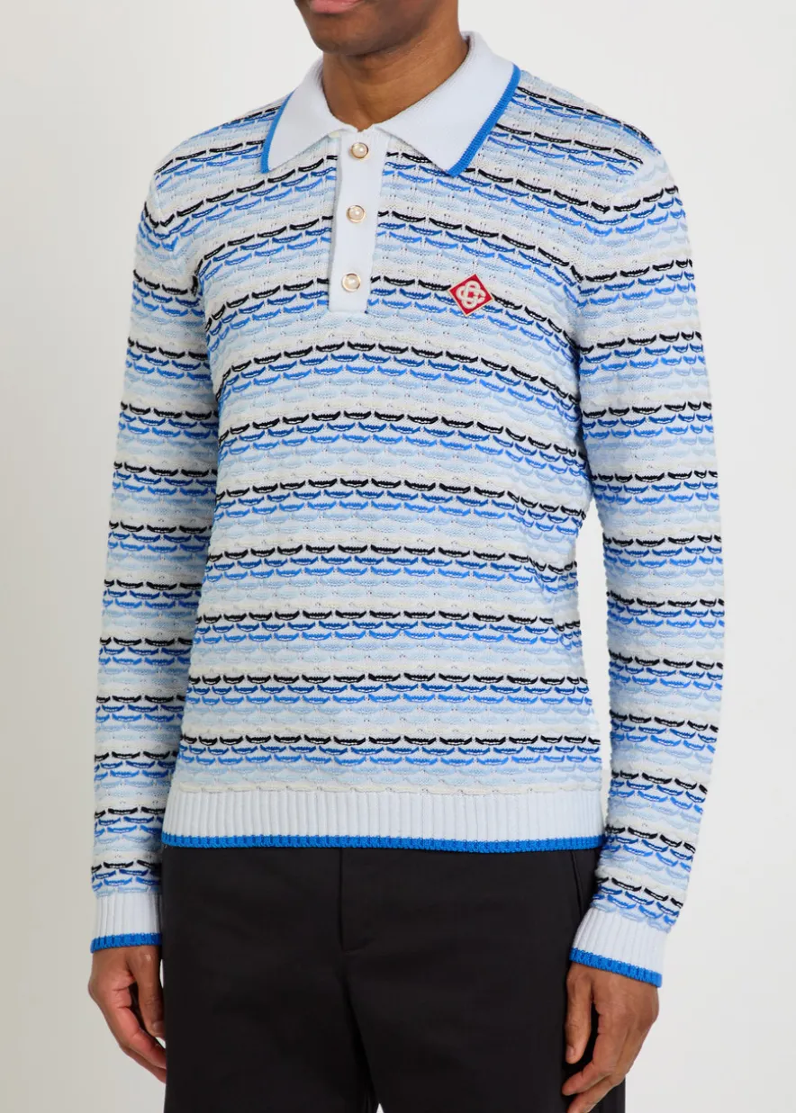 Logo-appliquéd patterned cotton-knit polo jumper