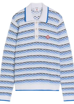 Logo-appliquéd patterned cotton-knit polo jumper