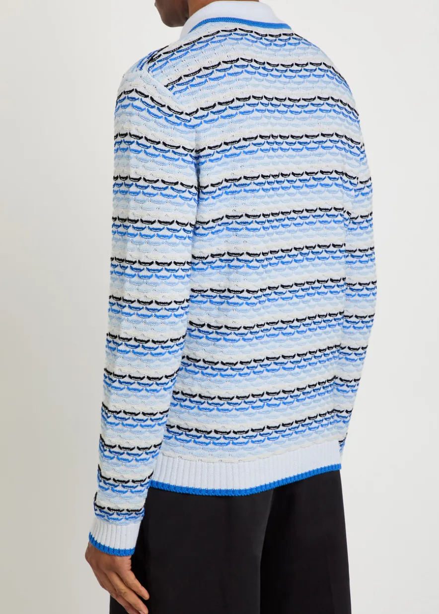 Logo-appliquéd patterned cotton-knit polo jumper