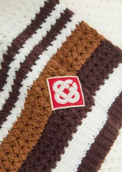 Logo-appliquéd striped crochet cotton-knit shirt