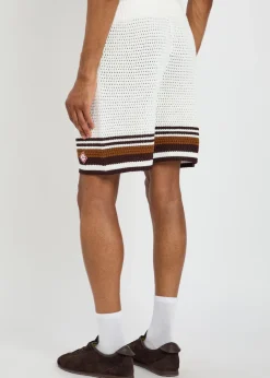 Logo-appliquéd striped crochet cotton-knit shirt
