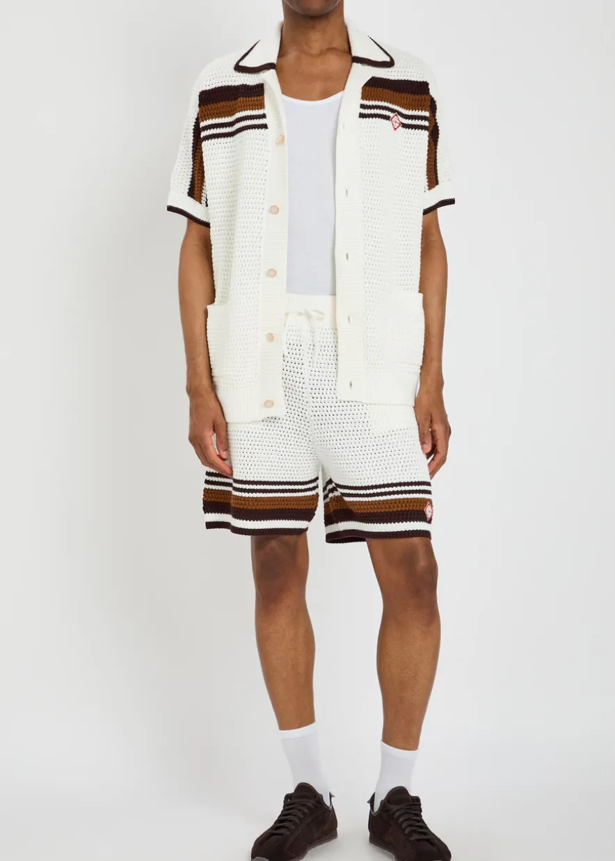 Logo-appliquéd striped crochet cotton-knit shirt