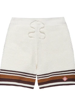 Logo-appliquéd striped crochet cotton-knit shirt