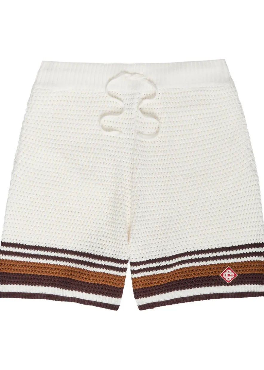 Logo-appliquéd striped crochet cotton-knit shirt