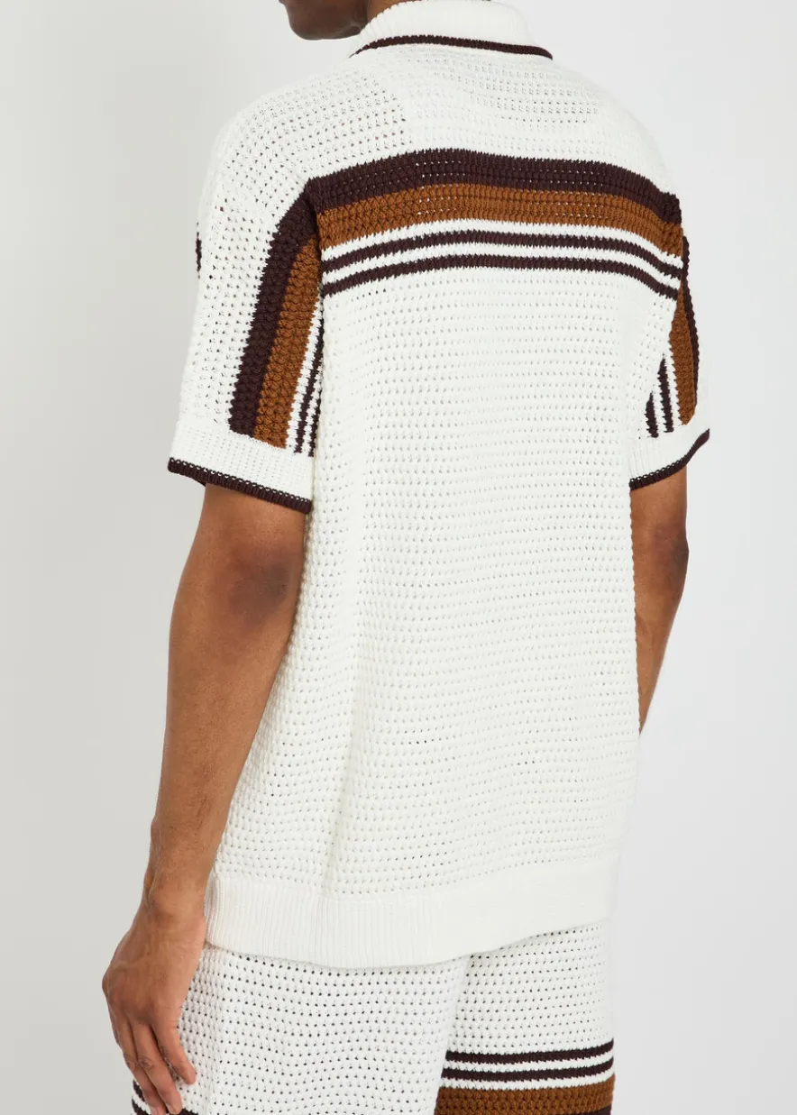 Logo-appliquéd striped crochet cotton-knit shirt