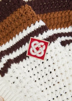 Logo-appliquéd striped crochet cotton-knit shirt