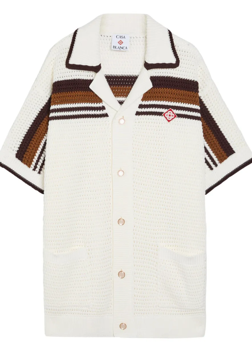 Logo-appliquéd striped crochet cotton-knit shirt