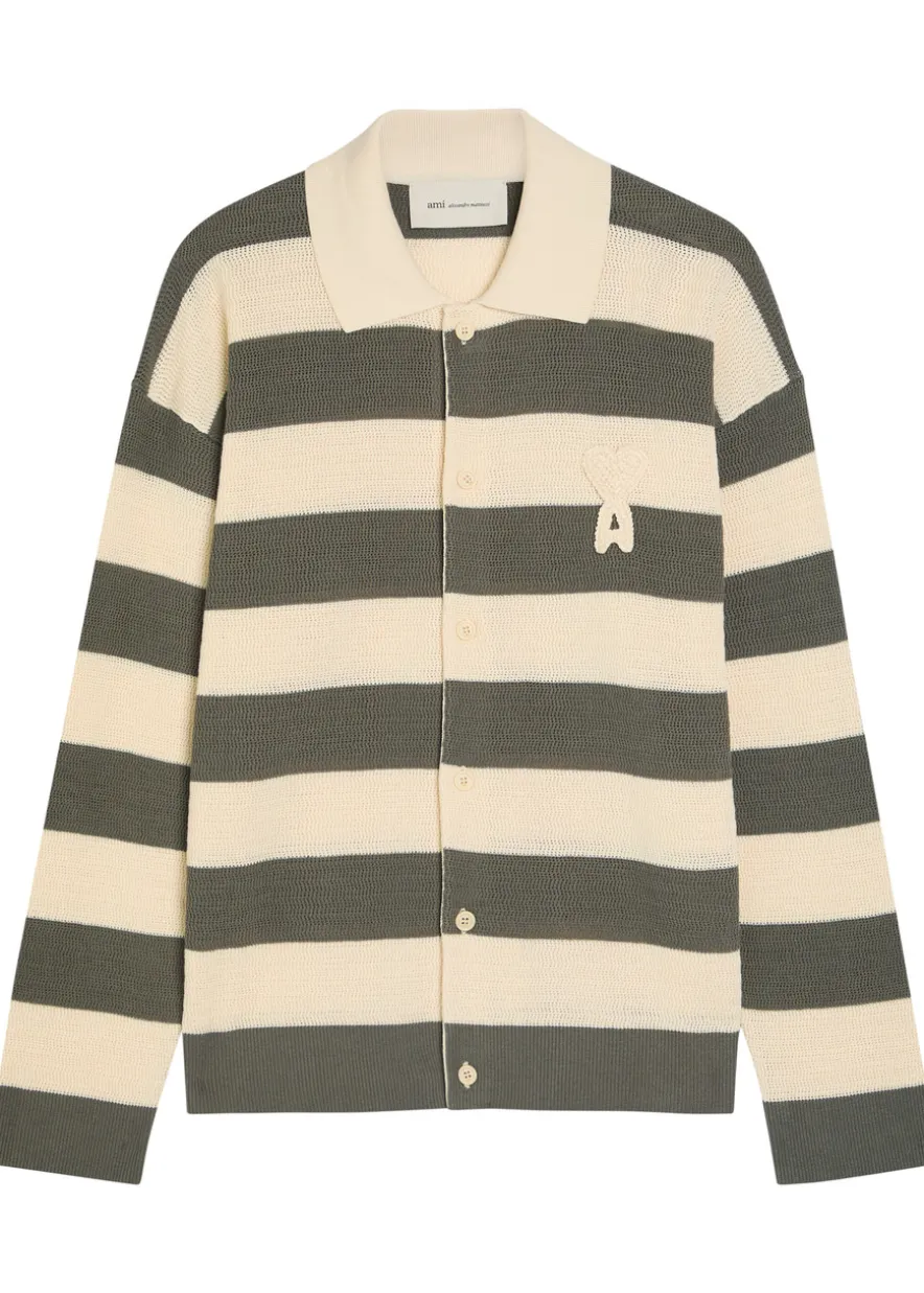 Logo-appliquéd striped fine-knit cotton shirt