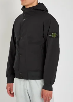 Logo-appliquéd water-resistant hooded soft shell jacket