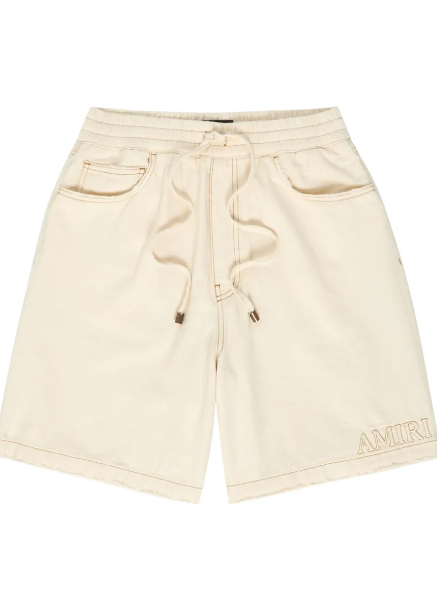 Logo-embossed distressed denim shorts