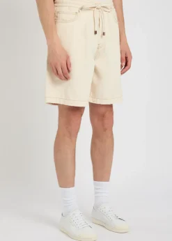 Logo-embossed distressed denim shorts