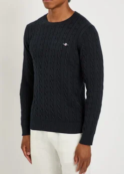 Logo-embroidered cable-knit cotton jumper
