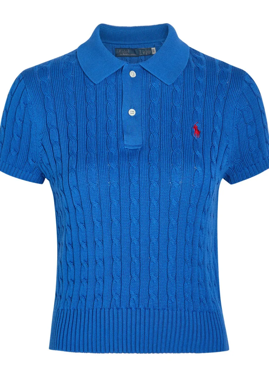 Logo-embroidered cable-knit cotton polo top