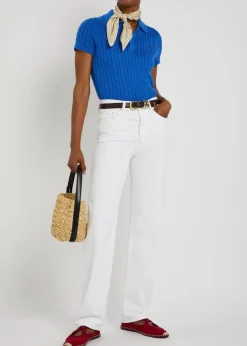 Logo-embroidered cable-knit cotton polo top