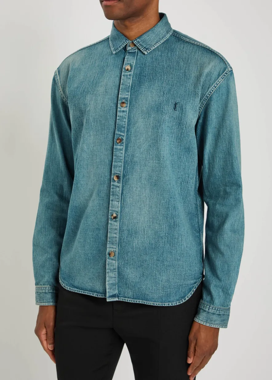 Logo-embroidered faded denim shirt