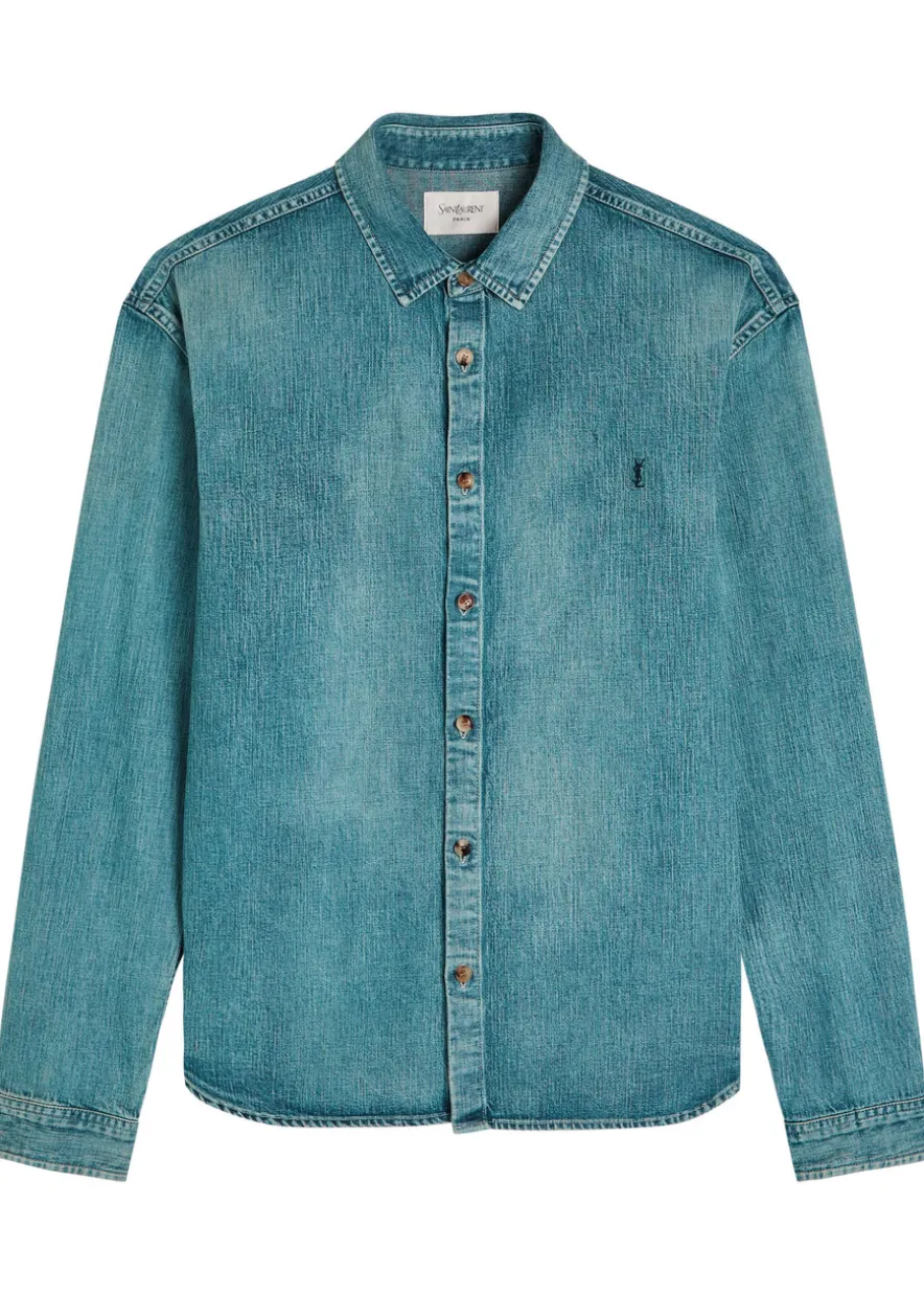 Logo-embroidered faded denim shirt