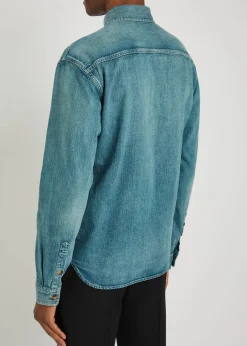 Logo-embroidered faded denim shirt