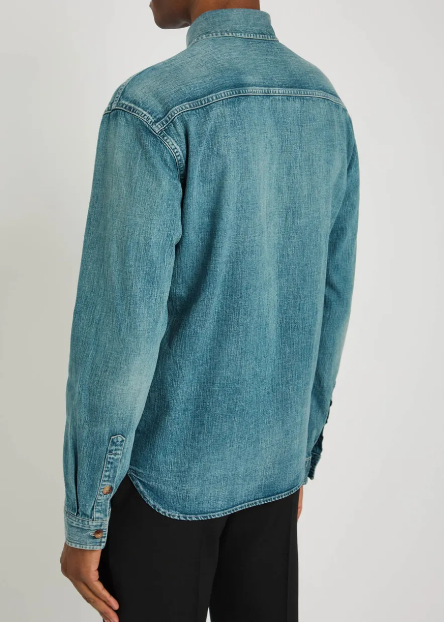 Logo-embroidered faded denim shirt