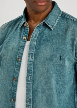Logo-embroidered faded denim shirt