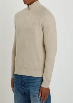 Logo-embroidered half-zip piqué cotton jumper