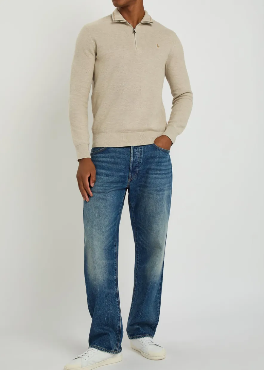 Logo-embroidered half-zip piqué cotton jumper