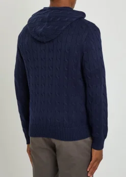 Logo-embroidered hooded cable-knit cotton jumper