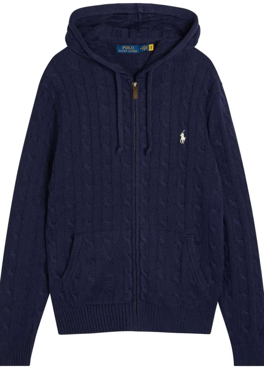 Logo-embroidered hooded cable-knit cotton jumper