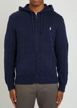 Logo-embroidered hooded cable-knit cotton jumper