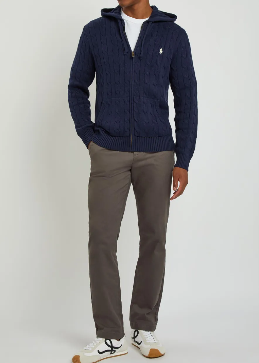 Logo-embroidered hooded cable-knit cotton jumper