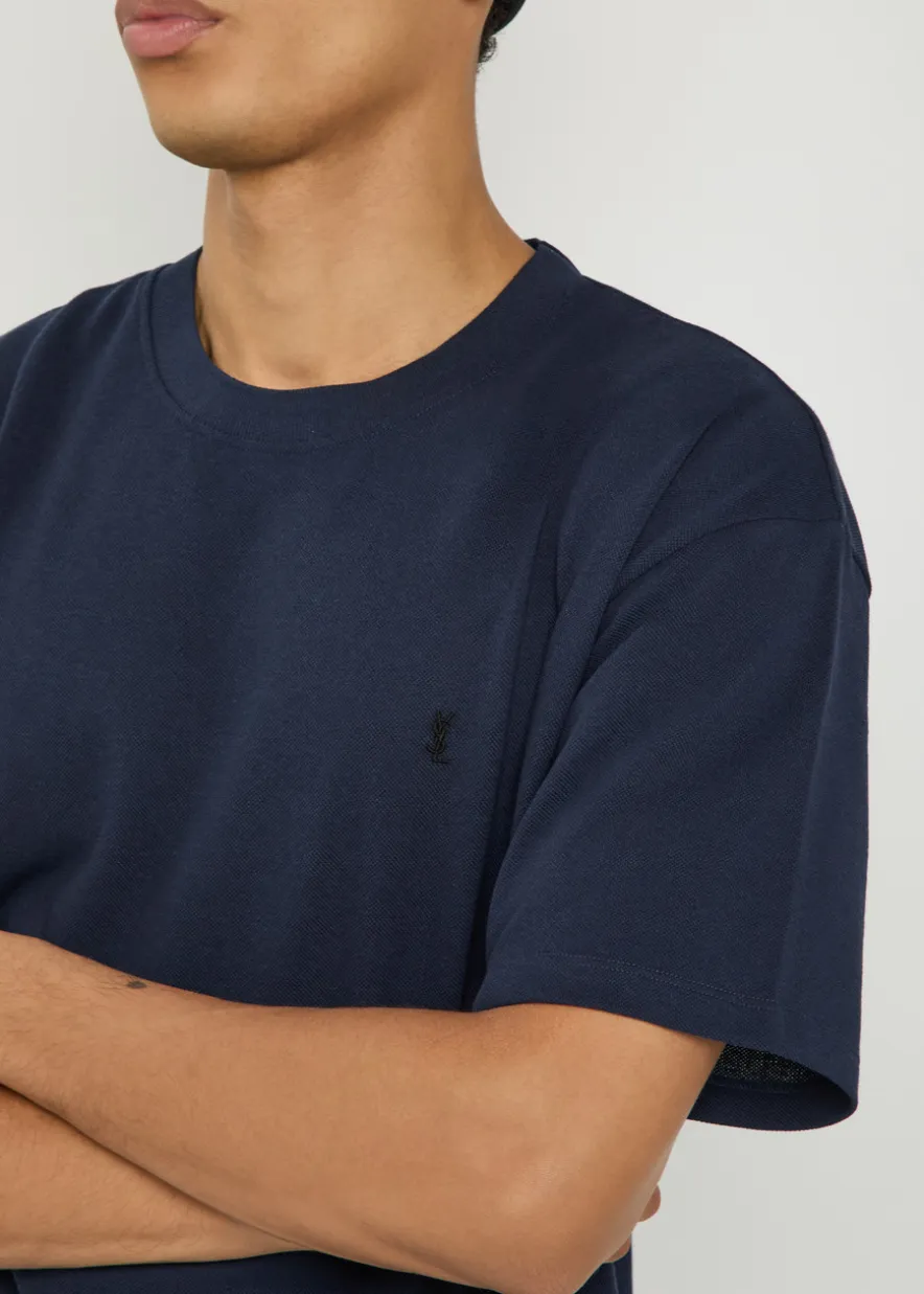 Logo-embroidered piqué cotton-blend T-shirt