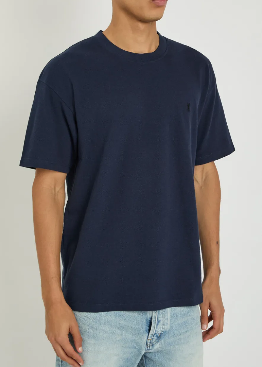 Logo-embroidered piqué cotton-blend T-shirt