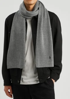 Logo-embroidered ribbed wool scarf