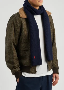 Logo-embroidered ribbed wool scarf